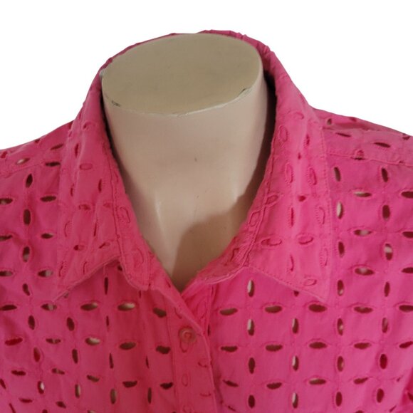 D&Co Pink Eyelet Button-Up Shirt Womens S 100% Cotton 3/4 Sleeve Collared Top - Picture 2 of 6